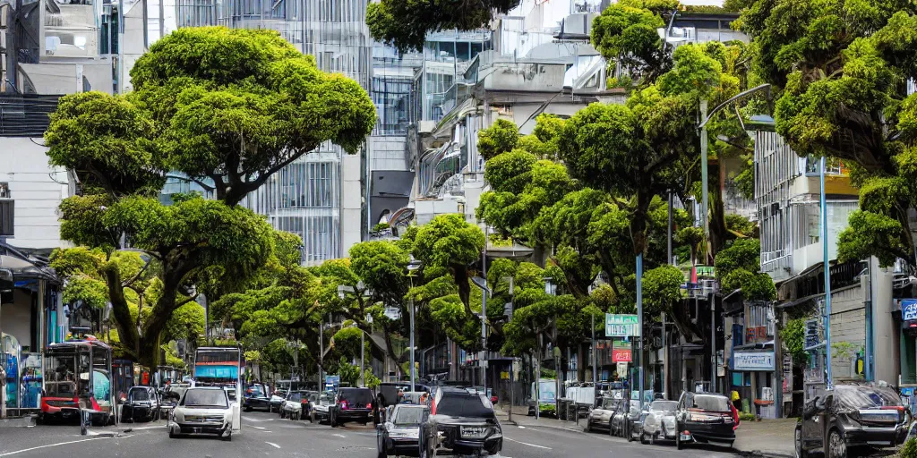 Image similar to a city street in wellington, new zealand but the buildings are interspersed with enormous ancient rimu trees full of epiphytes with birds perching amongst the leaves.