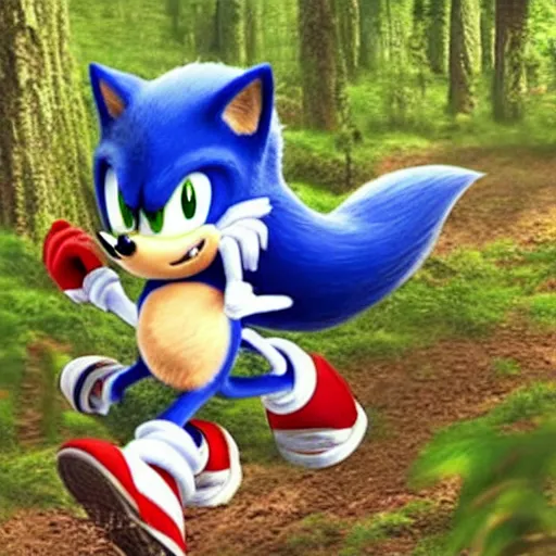 Prompt: a trail camera footage of sonic the hedgehog