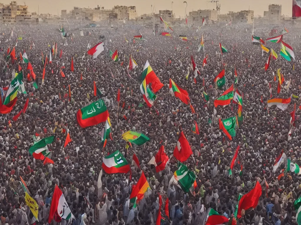 Image similar to very very very beautiful painting of protesters in Baghdad, 4k detailed