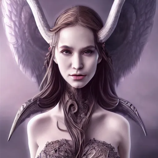 Image similar to perfectly - centered close - up face - portrait of evil fallen angel with long horns wearing a dress, the perfect human female specimen, intricate, elegant, super highly detailed, professional digital painting, artstation, concept art, smooth, sharp focus, no blur, no dof, extreme illustration, unreal engine 5, 8 k, by anne stokes