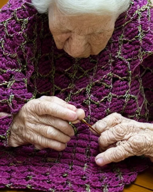 Image similar to a beautiful photograph of an elderly woman’s hands crocheting an Afghan, her hands are highly realistic and accurate.