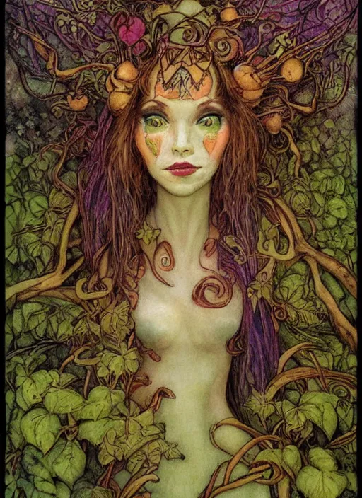 Image similar to junoesque fey queen, vine dress, glowing forest, strong line, eerie color, beautiful! coherent! by brian froud