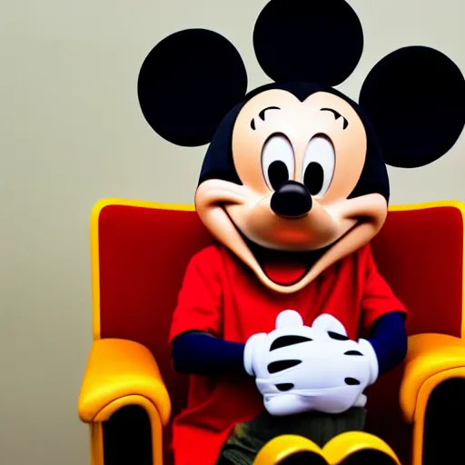 Image similar to Mickey Mouse sitting in a chair waving.