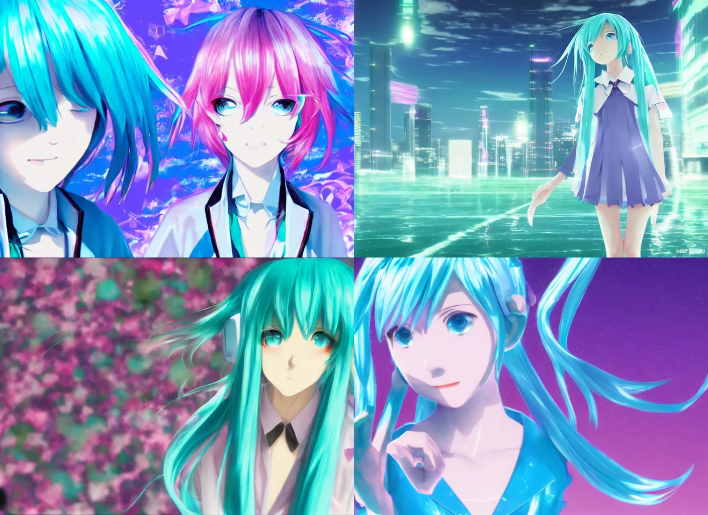 Prompt: hatsune miku in the vaporwave dimension by Makoto shinkai