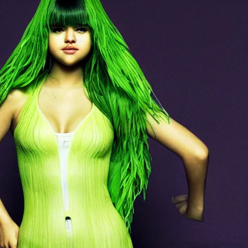 Prompt: selena gomez as celery, celery body, celery mutant