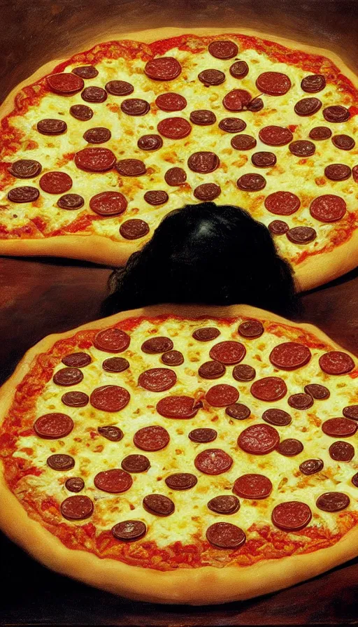 Prompt: oil portrait of evil pizza hut stuffed crust with human limbs as toppings, hyperrealistic, surrealcore, lovecraftian, 4 k by francisco goya