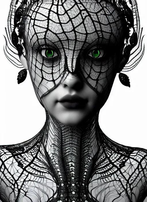 Prompt: surreal mythical dreamy dark artistic black and white fine art photo of a beautiful young female medusa - cyborg covered with lace fish scales and translucent algae, highly detailed, intricate crystal ivy jelly fish scales ornate, lace web, poetic, octane render, 8 k, photo - realistic, by man ray