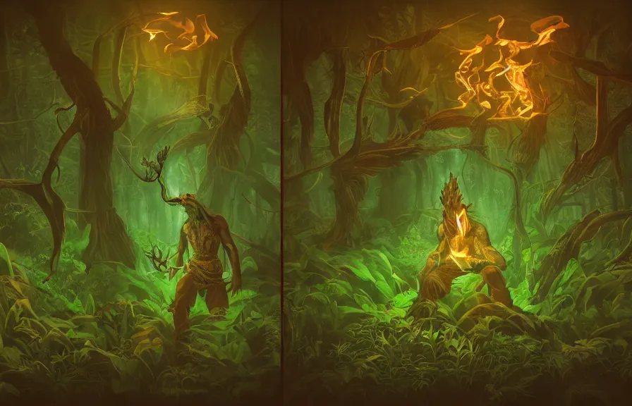 Prompt: shaman, summoning fire / water / light, out of bones / fern / light, green man, misty forest, glowing fungus, cinematic, golden ratio, wavy are the most prompts i used + plenty of variations for building up the details