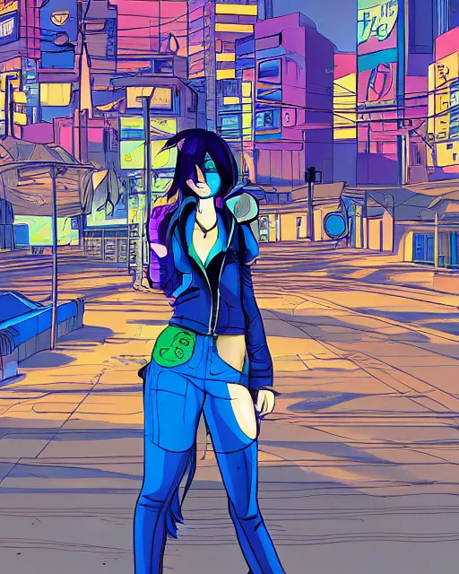 Image similar to cel shaded art of a pretty blue haired girl, jet grind radio graphics, cyberpunk city street background