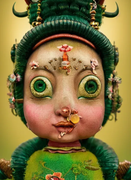 Prompt: closeup portrait of tin toy green girl milarepa trap, depth of field, zeiss lens, detailed, symmetrical, centered, fashion photoshoot, by nicoletta ceccoli, mark ryden, lostfish, breathtaking, 8 k resolution, extremely detailed, beautiful, establishing shot, artistic, hyperrealistic, octane render