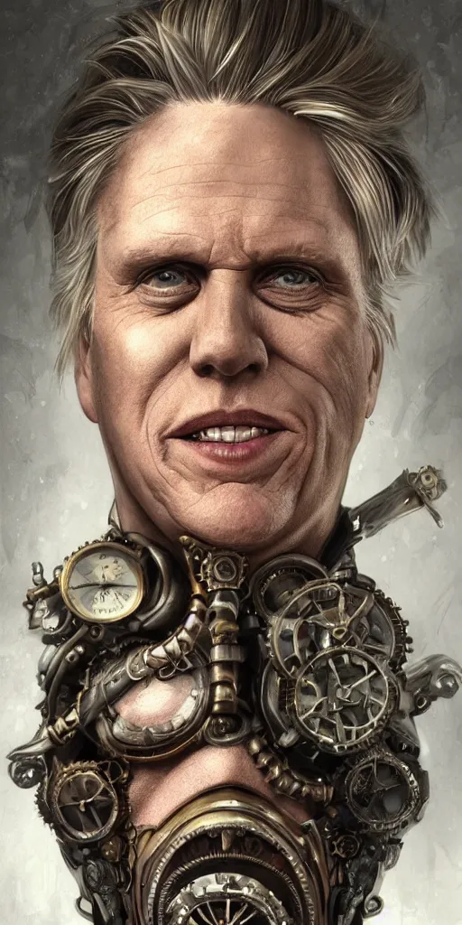 Image similar to portrait of Gary Busey, elegant, intricate, steampunk, full frontal shot, highly detailed, digital painting, artstation, concept art, sharp focus, illustration, art by artgerm and H.R. Giger