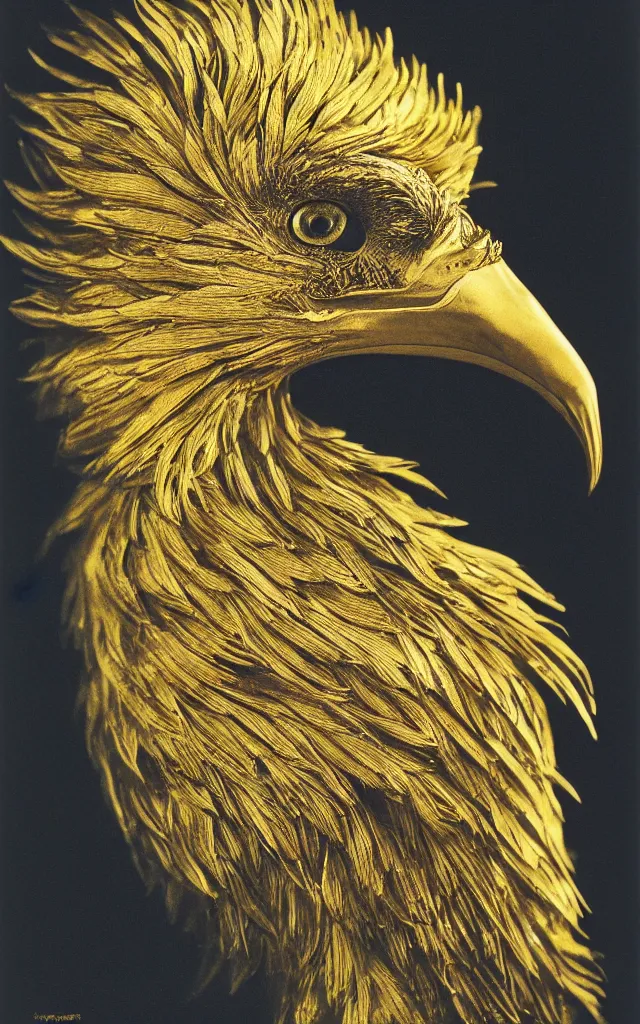 Prompt: A tyrex with golden feathers, hyperrealistic portrait, 50mm, 1.4, kodak portra, studio