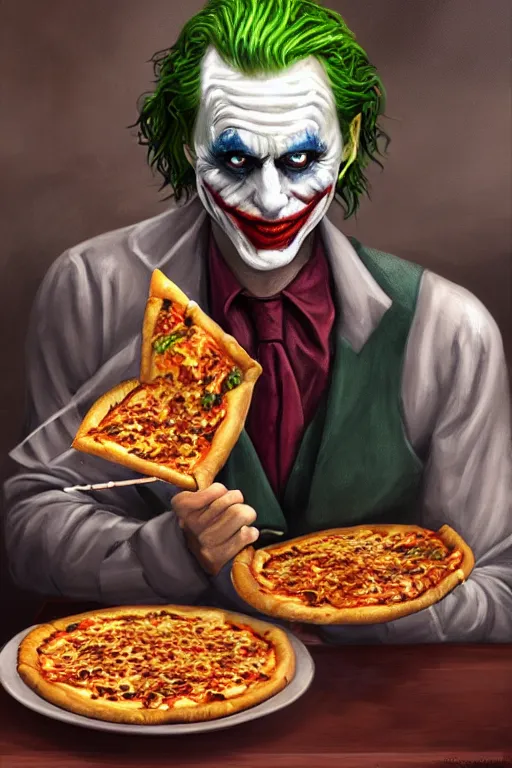 Prompt: a full body high detail fantasy portrait oil painting illustration of the joker eating baked beans and pizza by justin sweet with face and body clearly visible, in a scenic background, pretty eyes, realistic proportions, d & d, rpg, forgotten realms, artstation trending, high quality, sombre mood, artstation trending, muted colours, entire person visible!