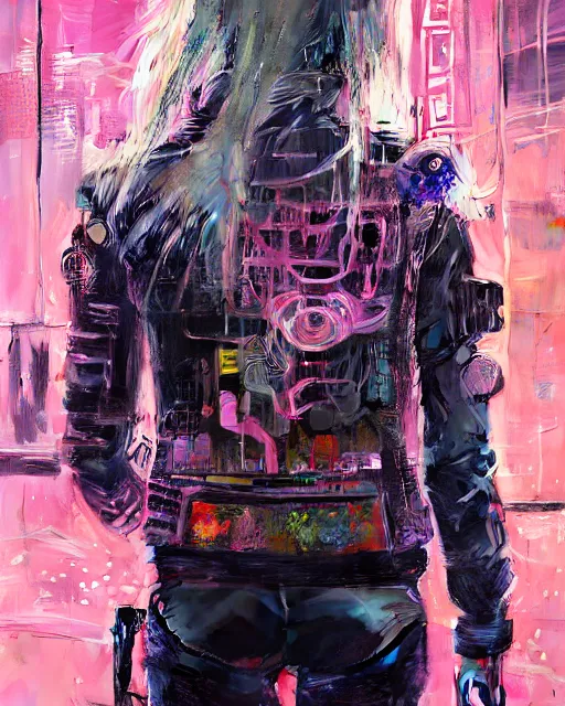 Image similar to detailed portrait Neon guard girl with long straight blonde hair seen from the back, cyberpunk futuristic, reflective puffer jacket, black leggings, decorated with traditional ornaments in front of a dystopian crowd with piles of garbage by Ismail inceoglu dragan bibin hans thoma, Perfect face, fine details, realistic shaded, fine-face, pretty face
