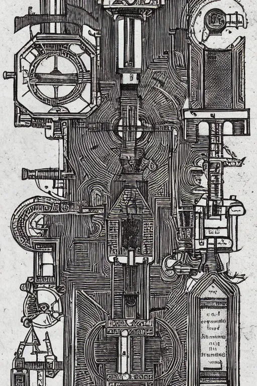 Prompt: warhammmer 4 0 k page of an adepticus mechanicus book on lost technology, page 2 3 : incantation and sigil, gothic industrial diagram, academic art. intricate