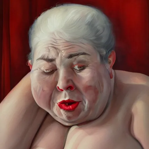 Prompt: of a very funny oil painting of a sweet fat old woman kissing herself. symmetrical face, red mouth, blue eyes. a flowered dress. a hyper - realistic scene. 3 d, octane processing, deep focus, white scene. a very funny and sweet picture. unreal engine. watercolor. fellini cinematic style. poster quality. freud painting style.