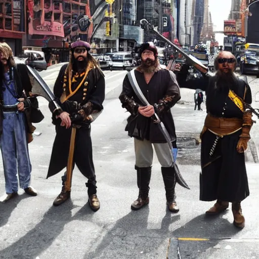 Prompt: real pirates standing with they swords ready in the middle of the road in new york city.