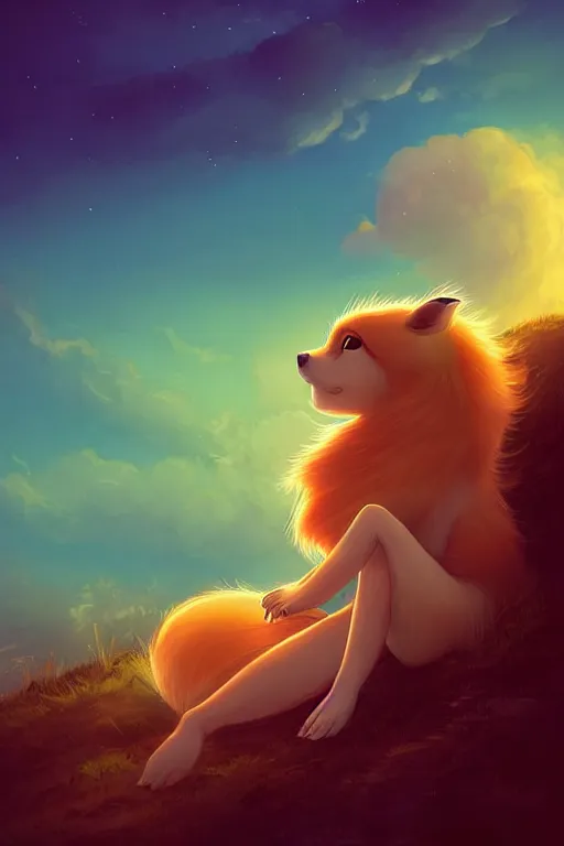 Image similar to cute growlithe sat alone on a hill looking at a beautiful dreamy hilly verdant landscape at sunset by Anna dittmann