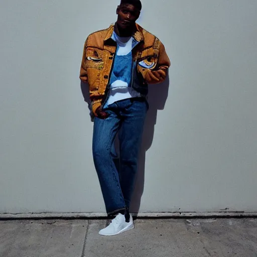 Prompt: realistic! photoshoot for a new nike lookbook, color film photography, portrait of a beautiful person, person wears a jeans jacket, photo in style of tyler mitchell, 35mm