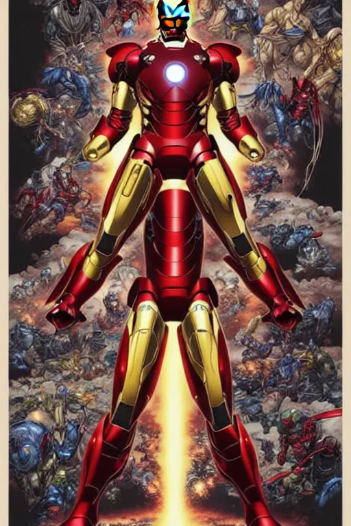 Image similar to poster of iron man, by yoichi hatakenaka, masamune shirow, josan gonzales and dan mumford, ayami kojima, takato yamamoto, barclay shaw, karol bak, yukito kishiro