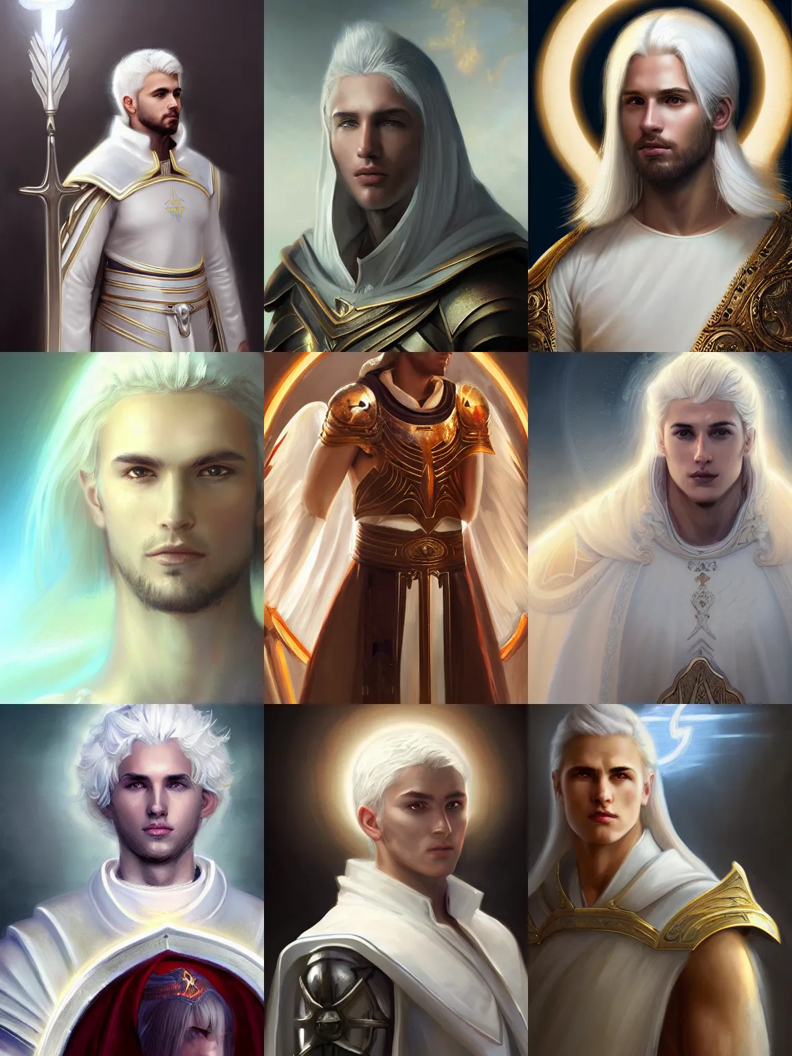 Prompt: portrait of a young beautiful calm and pious male aasimar paladin with white hair a halo above his head wearing white vestments under armor, by Raymond Swanland Greg Rutkowski Lise Deharm, intricate, masterpiece, sharp, digital art, full head, ArtStation, CGStation, 8k