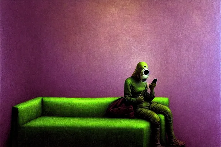 Image similar to girl with wearing a gas mask lying on the sofa reading a book in her room, in the style of beksinski, peaceful, calm, atmospheric, intricate and epic composition, green by caravaggio, insanely quality, highly detailed, masterpiece, purple light, artstation, 4 k