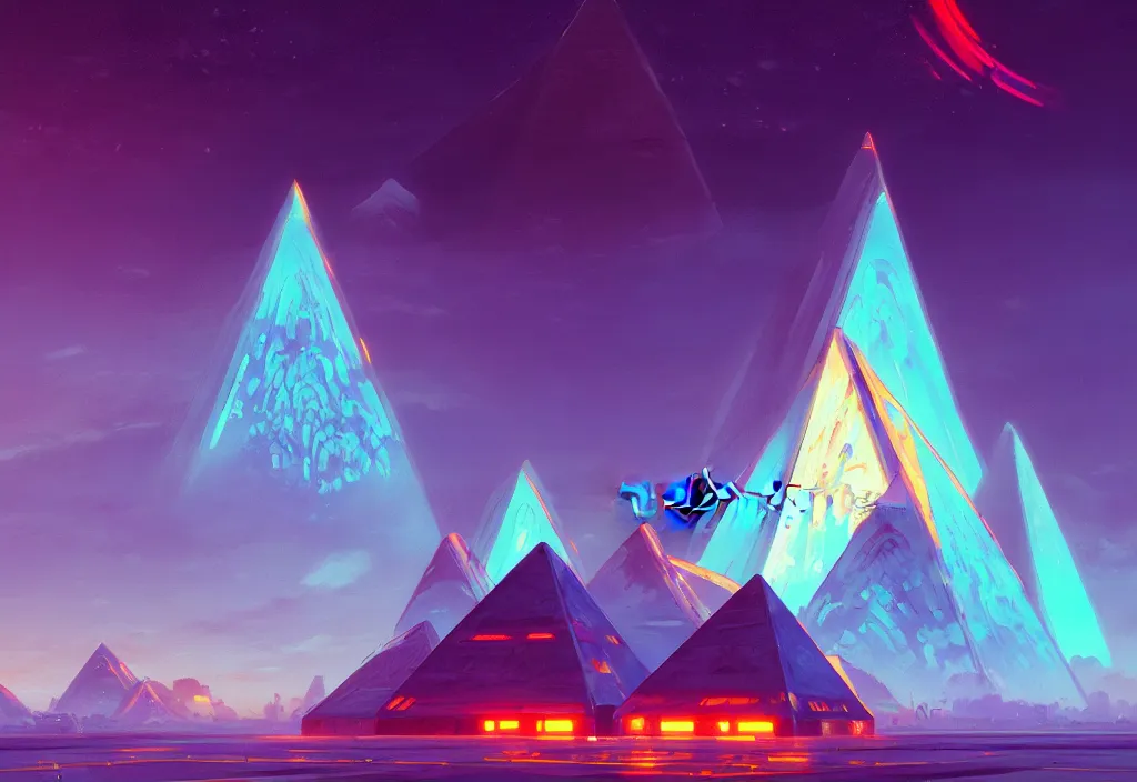 Prompt: a small chubby futuristic pyramid with neons at dawn, intricate oil painting, high detail illustration, sharp high detail, manga and anime 1 9 9 9, official fanart behance hd artstation by jesper ejsing and makoto shinkai, 4 k,