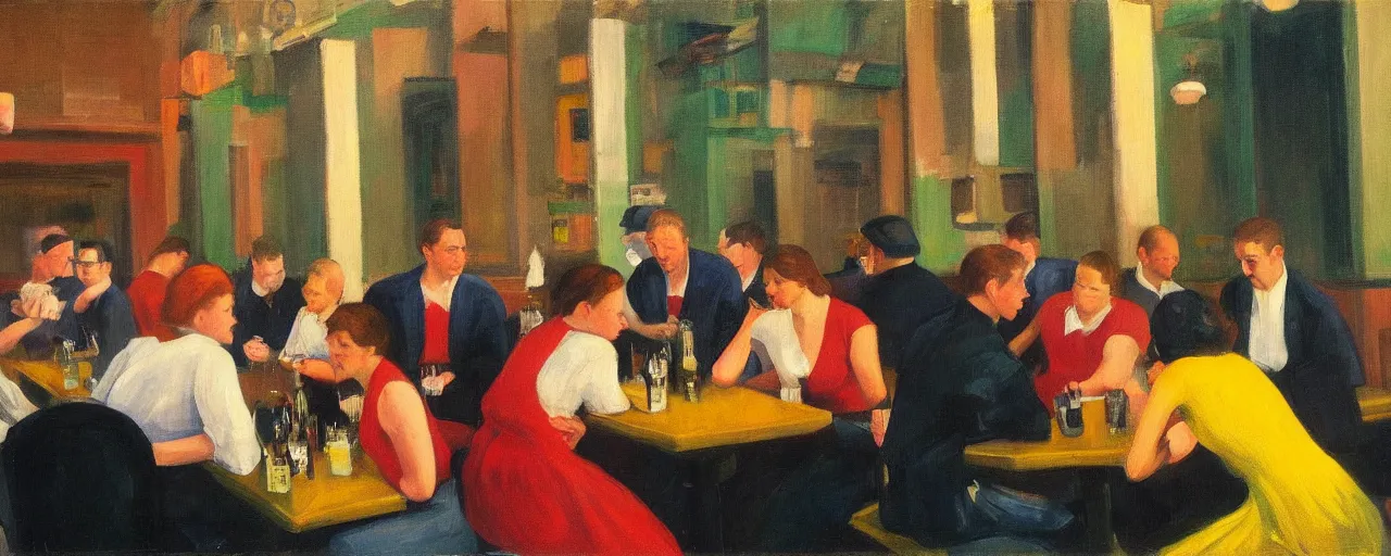 Image similar to a lively group of beer lovers drinking at a pub in the city next to a local park, picture in the style of edward hopper, clear faces