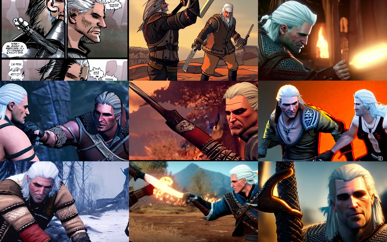 Prompt: Johnny Silverhand fighting Geralt of Rivia