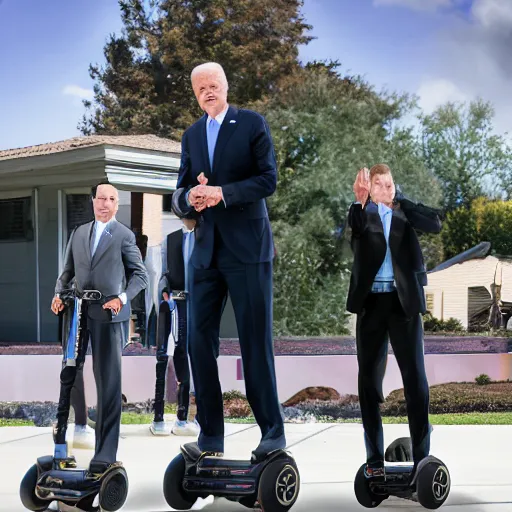 Image similar to A professional photograph of Joe Biden and his bodyguards standing on hoverboards, HDR, 8k,