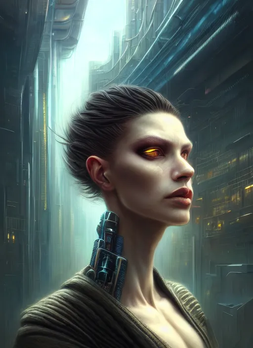 Image similar to closeup portrait shot of a cyberpunk female in a scenic dystopian environment, intricate, elegant, highly detailed, centered, digital painting, artstation, concept art, smooth, sharp focus, illustration, artgerm, tomasz alen kopera, peter mohrbacher, donato giancola, joseph christian leyendecker, wlop, boris vallejo