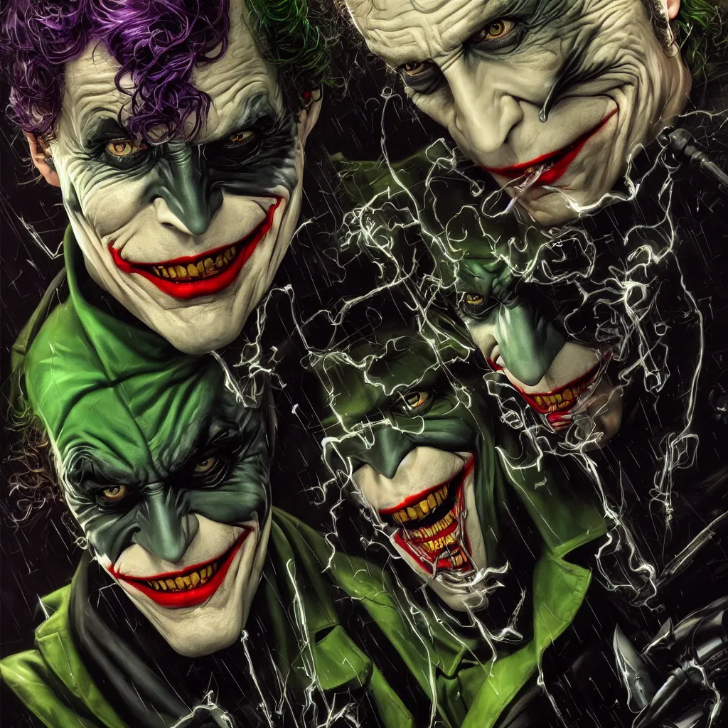 Image similar to a portrait of batman, the joker, robin, the riddler, the scarecrow, twoface, batmobile by karol bak, james jean, tom bagshaw, rococo, sharp focus, trending on artstation, cinematic lighting, hyper realism, octane render, 8 k, hyper detailed, vivid, ultra detailed, highly detailed