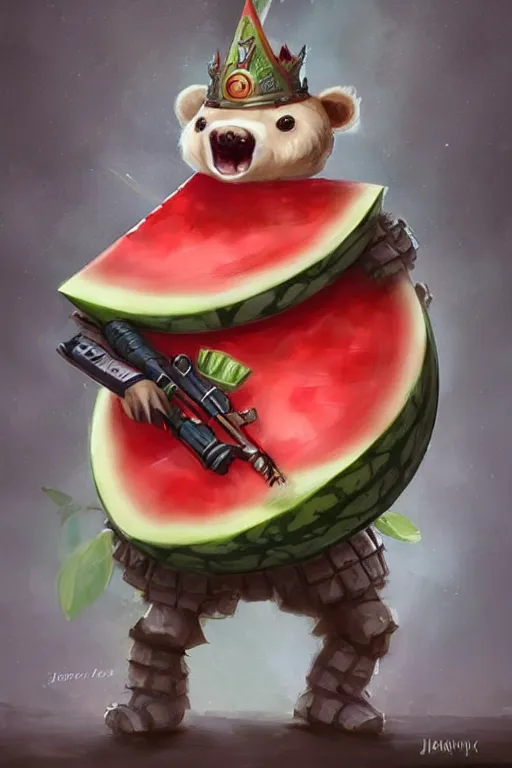 Image similar to cute anthropomorphic watermelon knight wearing a cape and a crown and holding a sniper, tiny, small, miniature bear, baby animal, short, pale blue armor, cute and adorable, pretty, beautiful, DnD character art portrait, matte fantasy painting, DeviantArt Artstation, by Jason Felix by Steve Argyle by Tyler Jacobson by Peter Mohrbacher, cinematic lighting