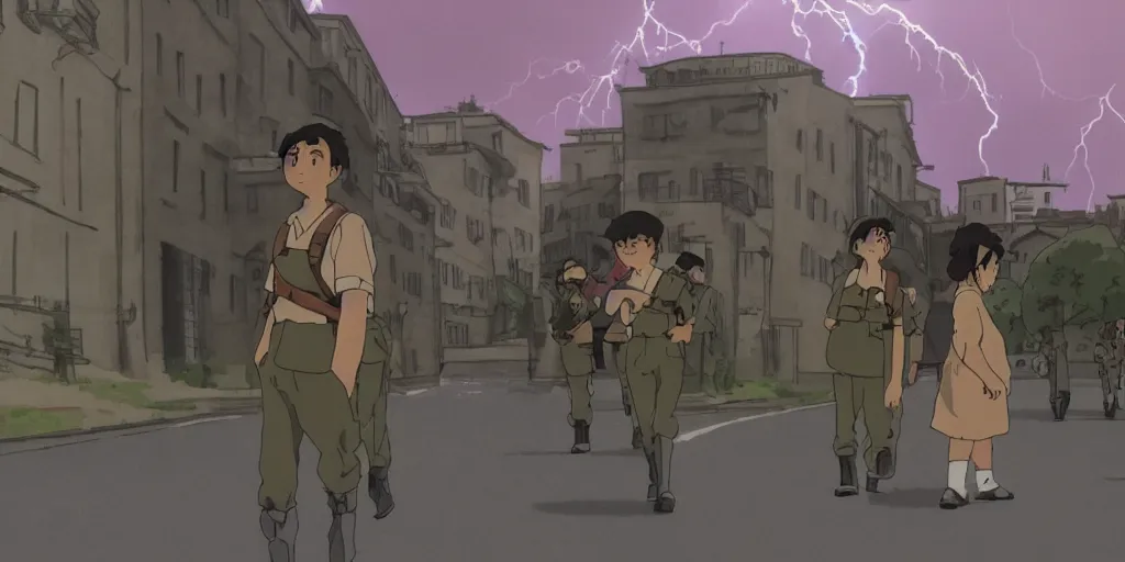 Prompt: wholesome animation studio Ghibli of a young soldier walking near some nazists and tanks in the city of Genova. Sharp bloom dramatic lightning