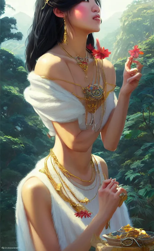 Image similar to a beautiful taiwan goddess with sundress with jewelry | | winter, realistic shaded, unpleasant face, good looking, fine details, realistic shaded lighting poster by greg rutkowski, magali villeneuve, artgerm, jeremy lipkin and michael garmash and macoto takahashi