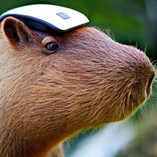 Image similar to photorealistic capybara wearing VR helmet