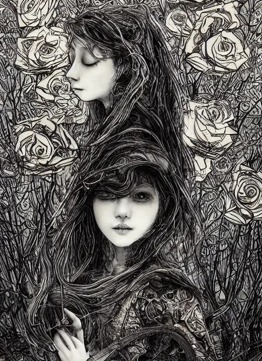 Image similar to golden elements at borders, portrait, A young witch and a crow in front of the full big moon, creative book cover, winner of design award, red roses, red white black colors, establishing shot, extremly high detail, foto realistic, cinematic lighting, pen and ink, intricate line drawings, by Yoshitaka Amano, Ruan Jia, Kentaro Miura, Artgerm, post processed, concept art, artstation, matte painting, style by eddie, raphael lacoste, alex ross