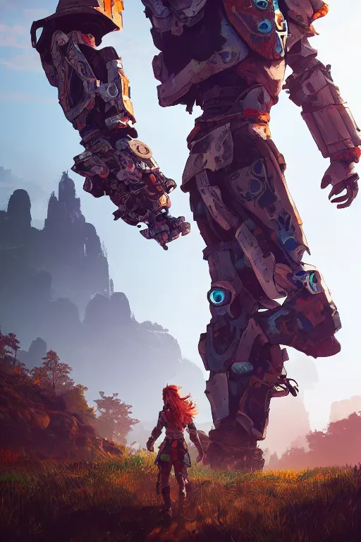 Image similar to combination suit armor aloy horizon forbidden west horizon zero dawn radiating a glowing aura global illumination ray tracing hdr fanart arstation by ian pesty and alena aenami artworks in 4 k tribal robot ninja mask helmet backpack