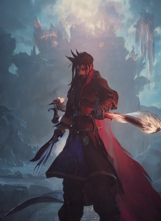 Image similar to a Photorealistic dramatic hyperrealistic render of a beautiful Final Fantasy 10 character Auron by WLOP,Artgerm,Greg Rutkowski,Alphonse Mucha, Beautiful dynamic dramatic dark moody lighting,shadows,cinematic atmosphere,Artstation,concept design art,Octane render,8K