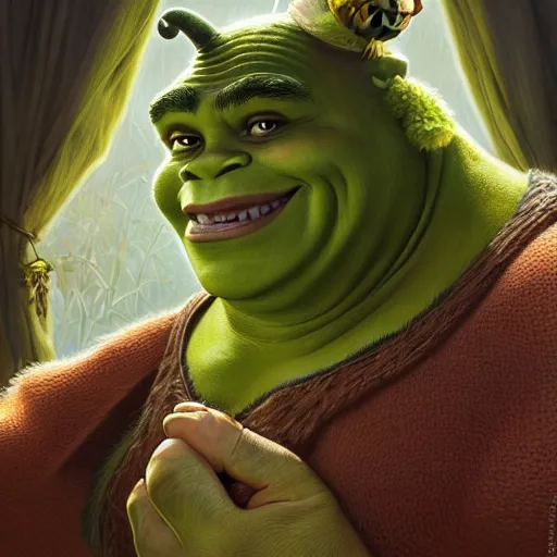 Image similar to portrait of a Shrek pickle, fantasy, intricate, elegant, highly detailed, digital painting, artstation, concept art, smooth, sharp focus, illustration, art by artgerm and greg rutkowski and alphonse mucha