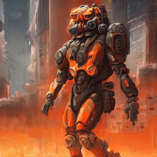 Prompt: detailed sci-fi art, soldiers wearing orange camouflage power armor advancing through a devastated futuristic city, highly detailed, digital painting, artstarion, concept art, smooth, sharp foccus ilustration, Artstation HQ.