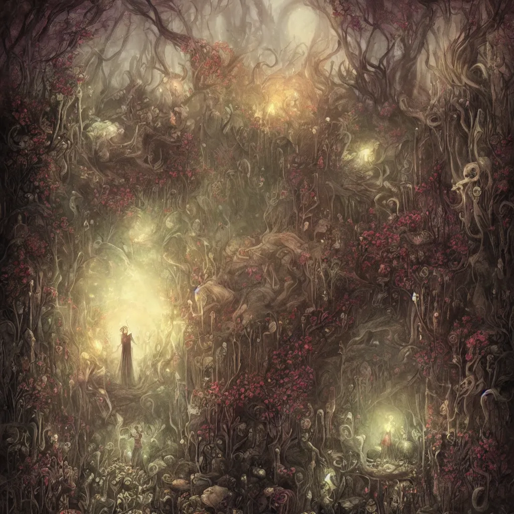Prompt: a beautiful fantasy storybook illustration by seb mckinnon of the cursed flower garden of hades