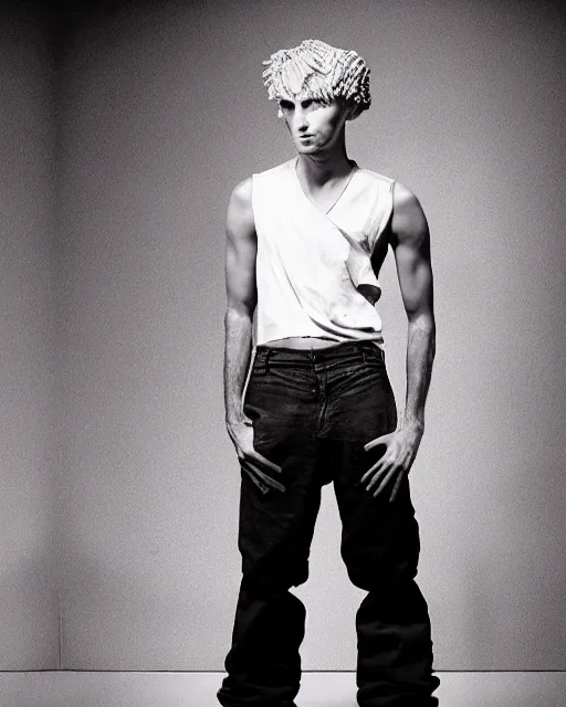 Prompt: an award - winning photo of an ancient male model wearing a plain boot cut flared distressed medieval designer menswear pants designed by alexander mcqueen, 4 k, studio lighting, wide angle lens, 2 0 0 4