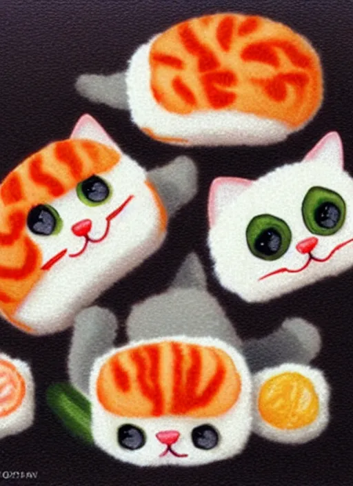 Image similar to clear photorealistic picture of adorable cats made out of sushi