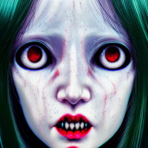 Prompt: i see you palp by junji ito, green red black blue eyes and long black hair by junji ito, painted by junji ito, rtx reflections, octane render 1 2 8 k, extreme high intricate details by wlop, digital anime art by ross tran, wide shot, composition by tom bagshaw, lighting by wlop
