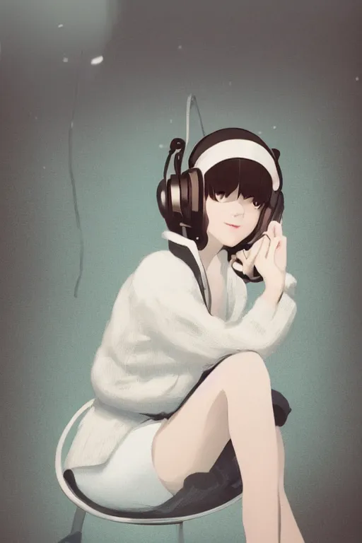 Prompt: a cute young woman listening to music in a white bubble chair with her eyes closed and wearing headphones, white bob cut hair, freckles, cozy setting, blue and white, warm lighting, cinematic, moody, nier automata, poster, oil on canvas, in the style of Ilya Kuvshinov, Krenz Cushart, Range Murata, Eero Aarnio, 8k