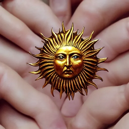 Image similar to a hand with the miniature of a realistic and perfect sun , perfect design, highly detailed, realistic portrait