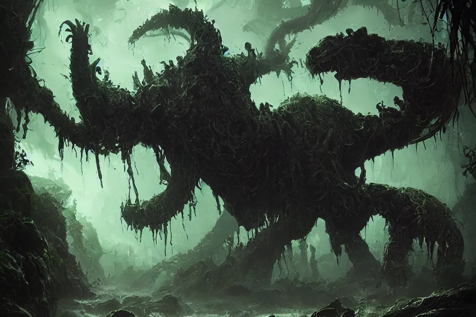 Prompt: huge jungle slime monster, apocalyptic goo creature, eldritch horror, character art by Greg Rutkowski, 4k digital render