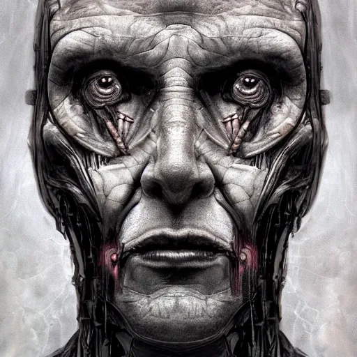 Image similar to surreal portrait of a man by Greg Rutkowski and H.R Giger, cyborg of indeterminate age, symmetrical, bald, haunting appearance, pale as marble, biomechanical and intricate, empty and uncany expression, cosmic void background, frightening, fascinating, highly detailed portrait, digital painting, artstation, concept art, smooth, sharp foccus ilustration, Artstation HQ.