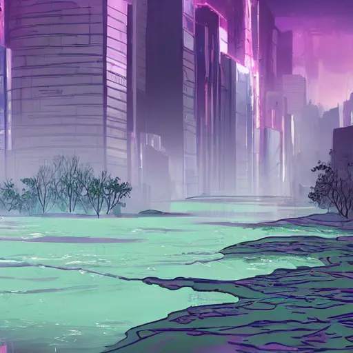 Prompt: a beautiful river floods a destroyed distopia cyberverse city, burning to ashes in purple neon colors